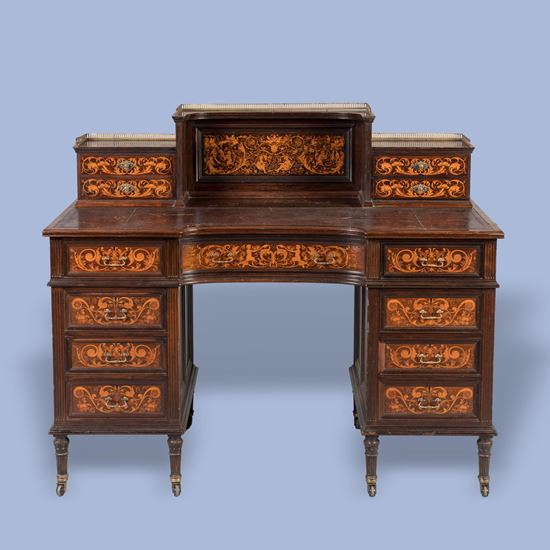 A Superb Renaissance Revival Marquetry Pedestal Desk By Collinson & Lock